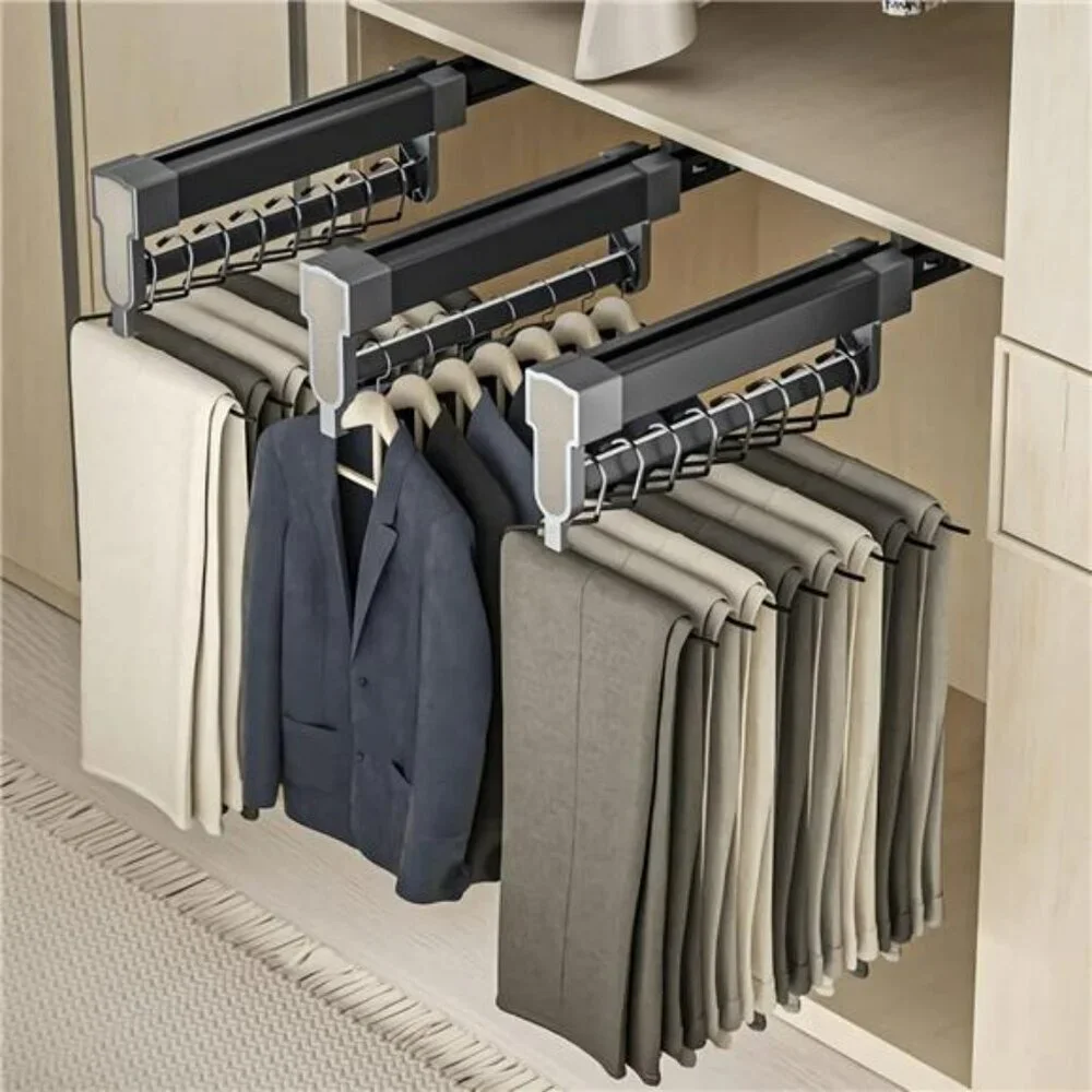 Pull out pants rack closet organizer slide out clothes hanger rail space saving